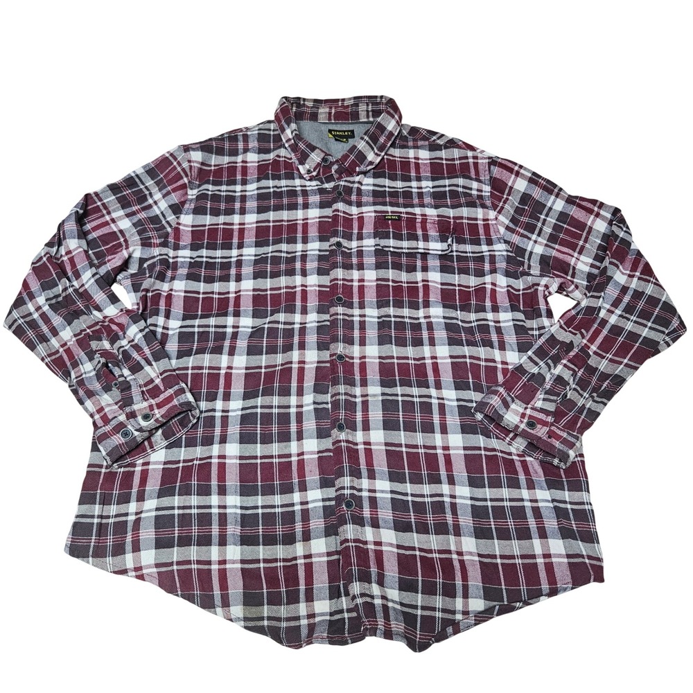 Stanley Mens 2XLB Burgundy Plaid Flannel Button Down Shirt Long Sleeve Workwear